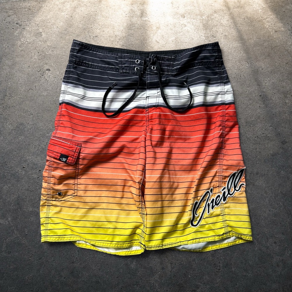 O'Neill Board Shorts Sunset Gradient Striped Surf Trunks Size 32 Retro Skater